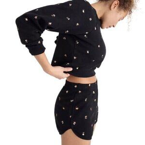 MADEWELL NWT Embroidered Curved-Hem Sweatshorts in Spring Floral Black Women's S